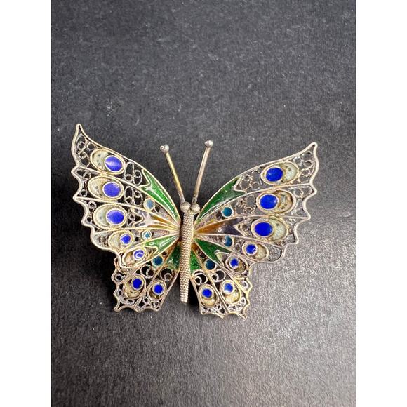 Vintage Alieti Adriana 800 silver Italian enameled filigree butterfly brooch pin - Picture 1 of 15
